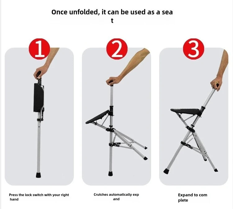 Folded 2-In-1 Portable Folding Cane and Chair for Outdoors