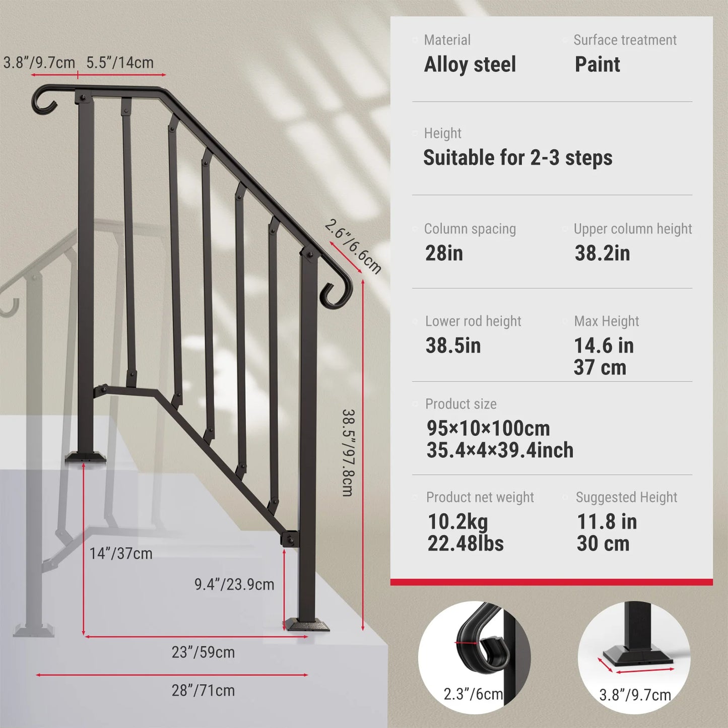 Outdoor Stair Handrail for 1 to 4 Steps Carbon Steel Transitional Hand Rail Kit Safety Railing for Porch Deck Patio Seniors