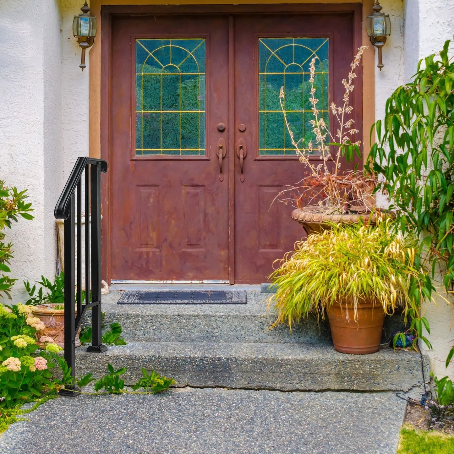 Outdoor Stair Handrail for 1 to 4 Steps Carbon Steel Transitional Hand Rail Kit Safety Railing for Porch Deck Patio Seniors