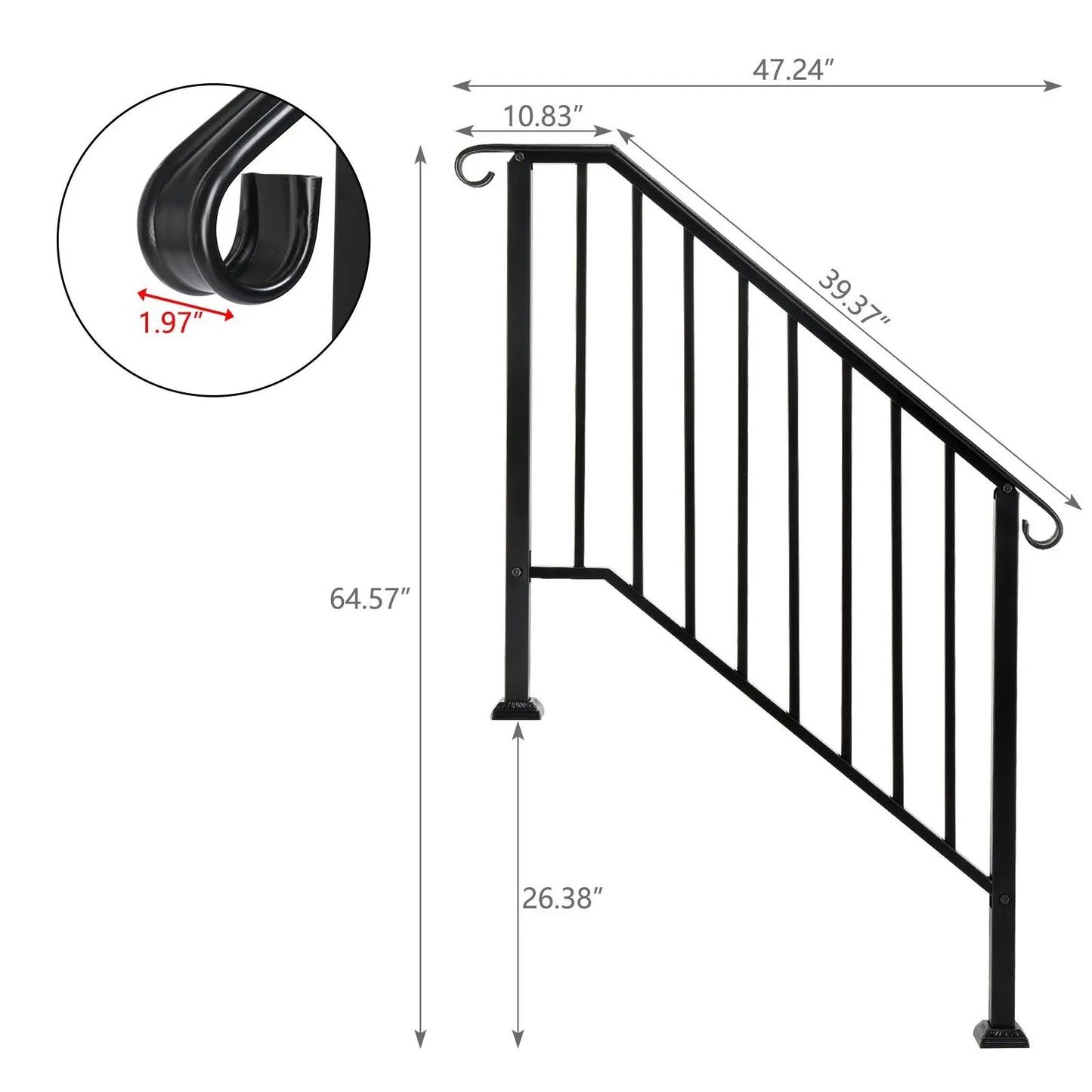 Outdoor Stair Handrail for 1 to 4 Steps Carbon Steel Transitional Hand Rail Kit Safety Railing for Porch Deck Patio Seniors