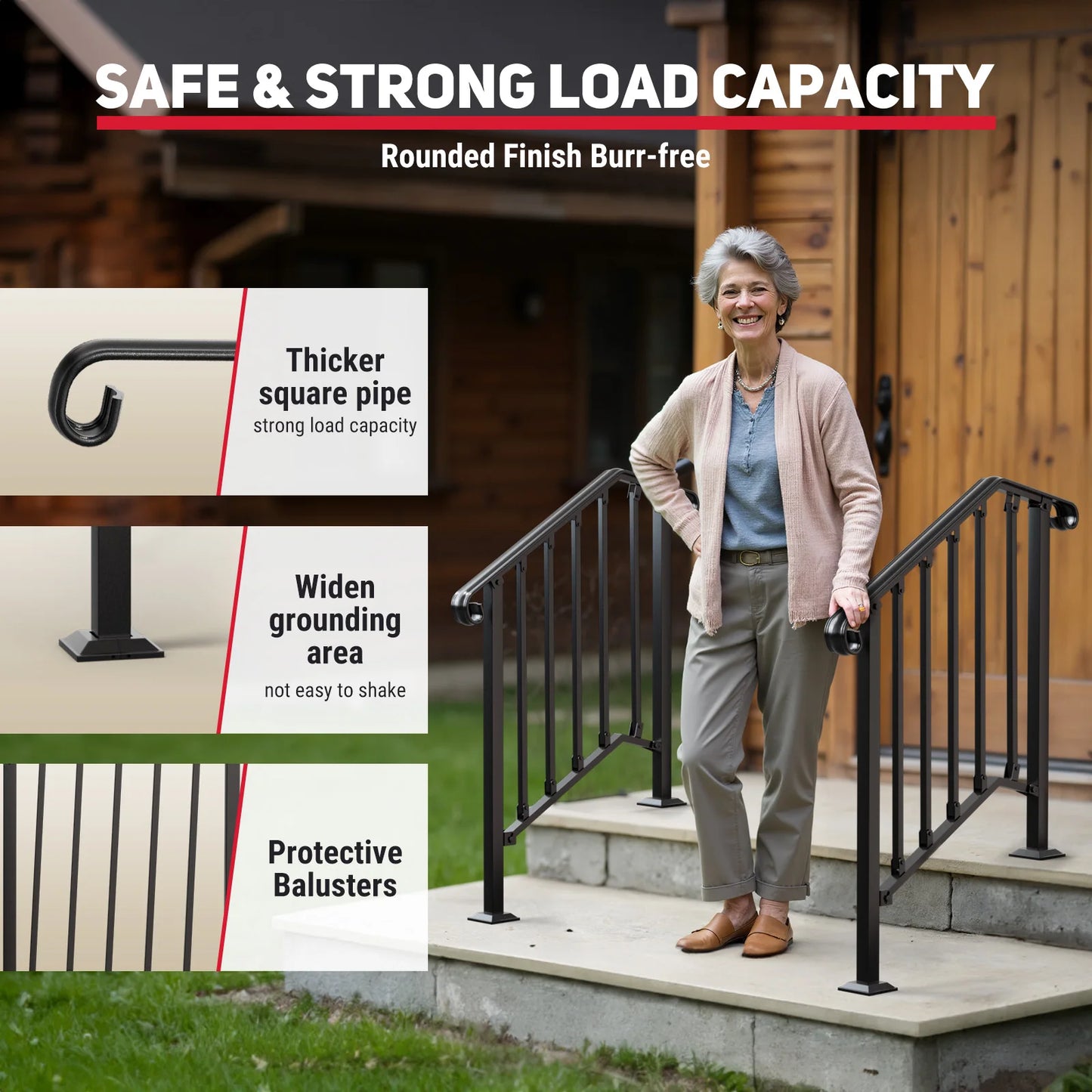 Outdoor Stair Handrail for 1 to 4 Steps Carbon Steel Transitional Hand Rail Kit Safety Railing for Porch Deck Patio Seniors