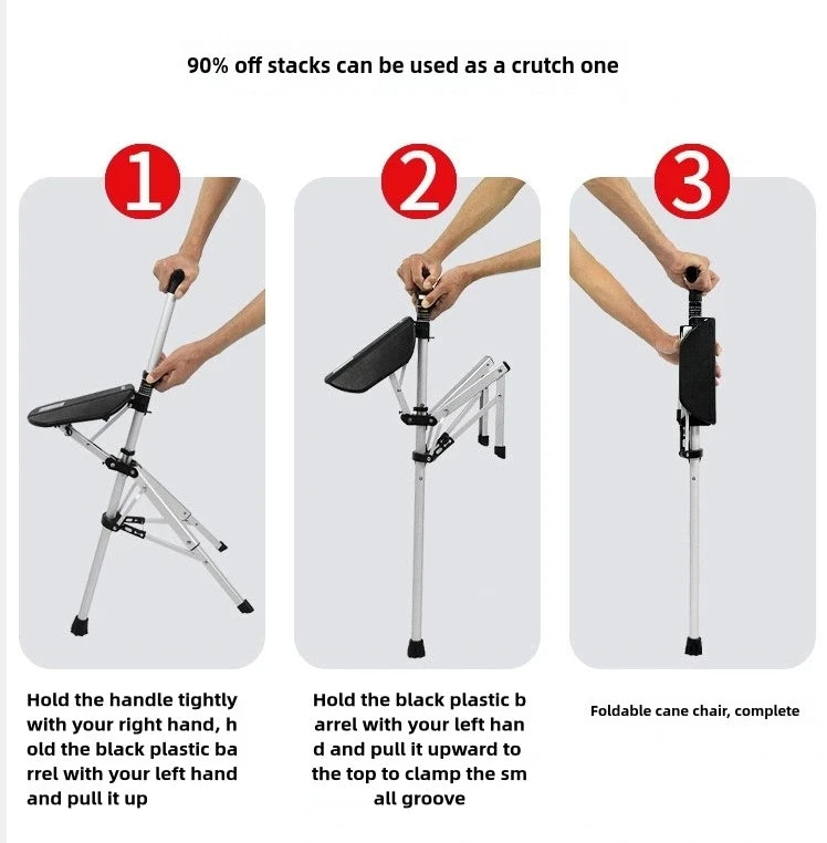 Folded 2-In-1 Portable Folding Cane and Chair for Outdoors