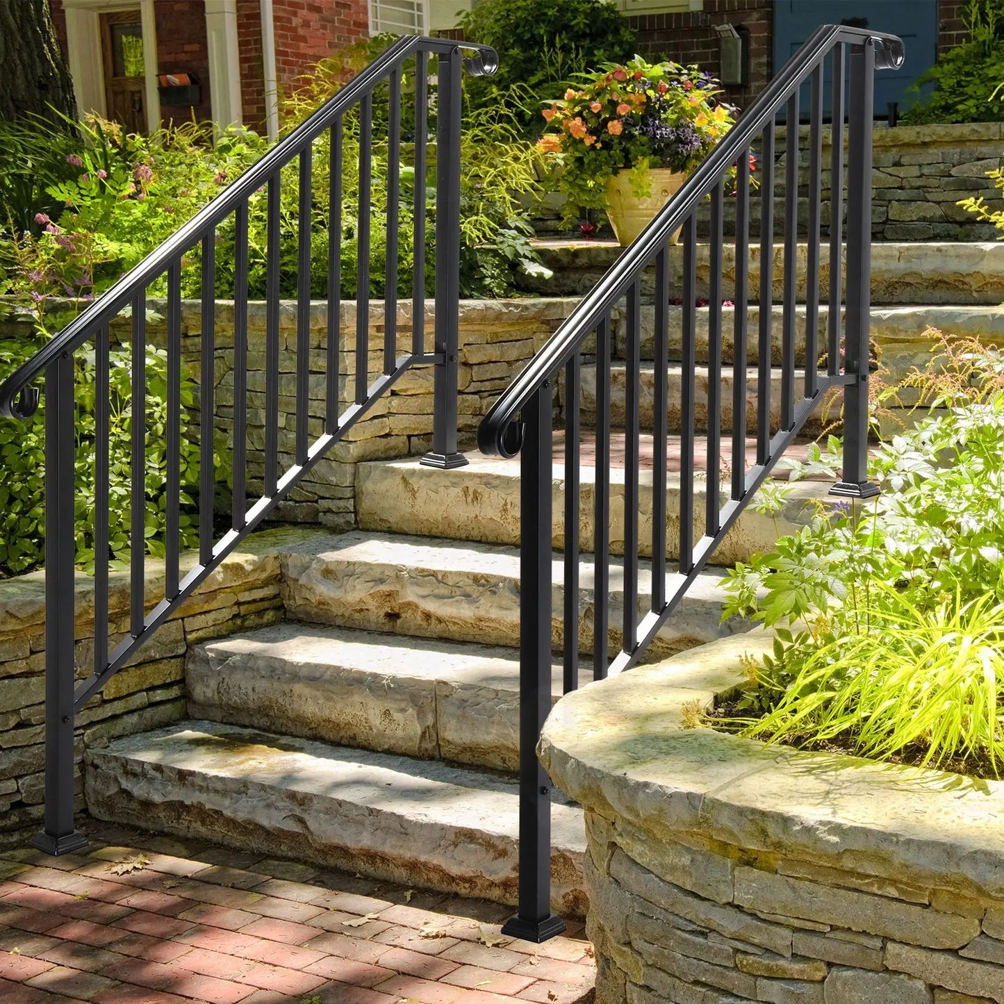Outdoor Stair Handrail for 1 to 4 Steps Carbon Steel Transitional Hand Rail Kit Safety Railing for Porch Deck Patio Seniors