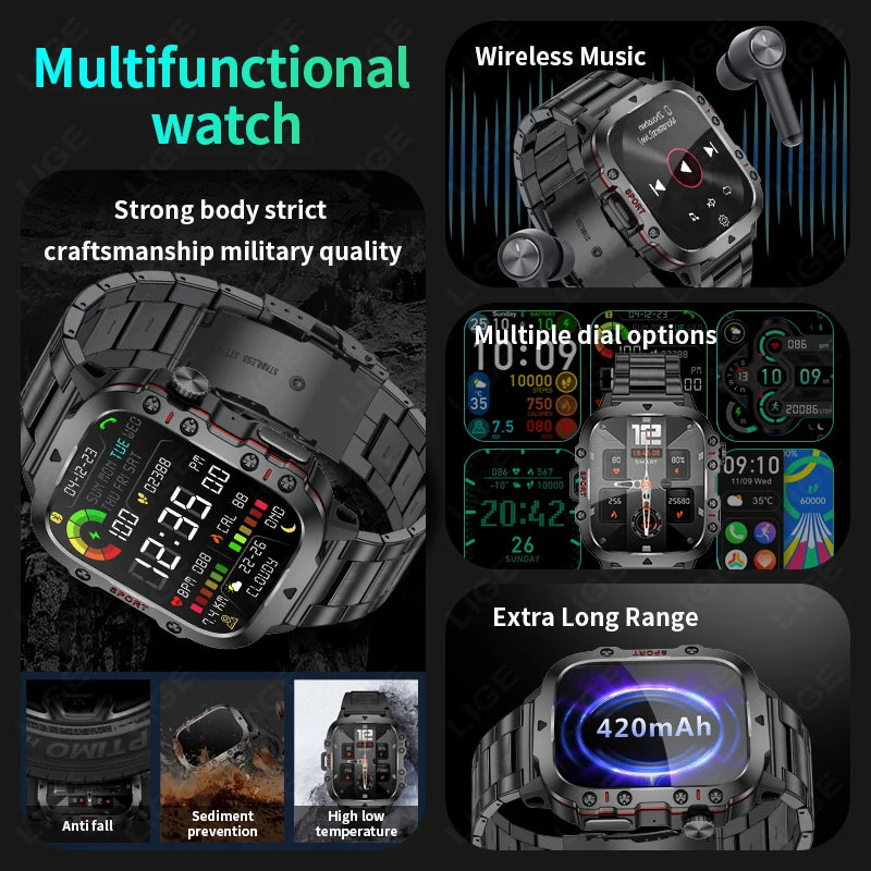 LIGE Rugged GPS Smartwatch Men Bluetooth Call Health Monitor