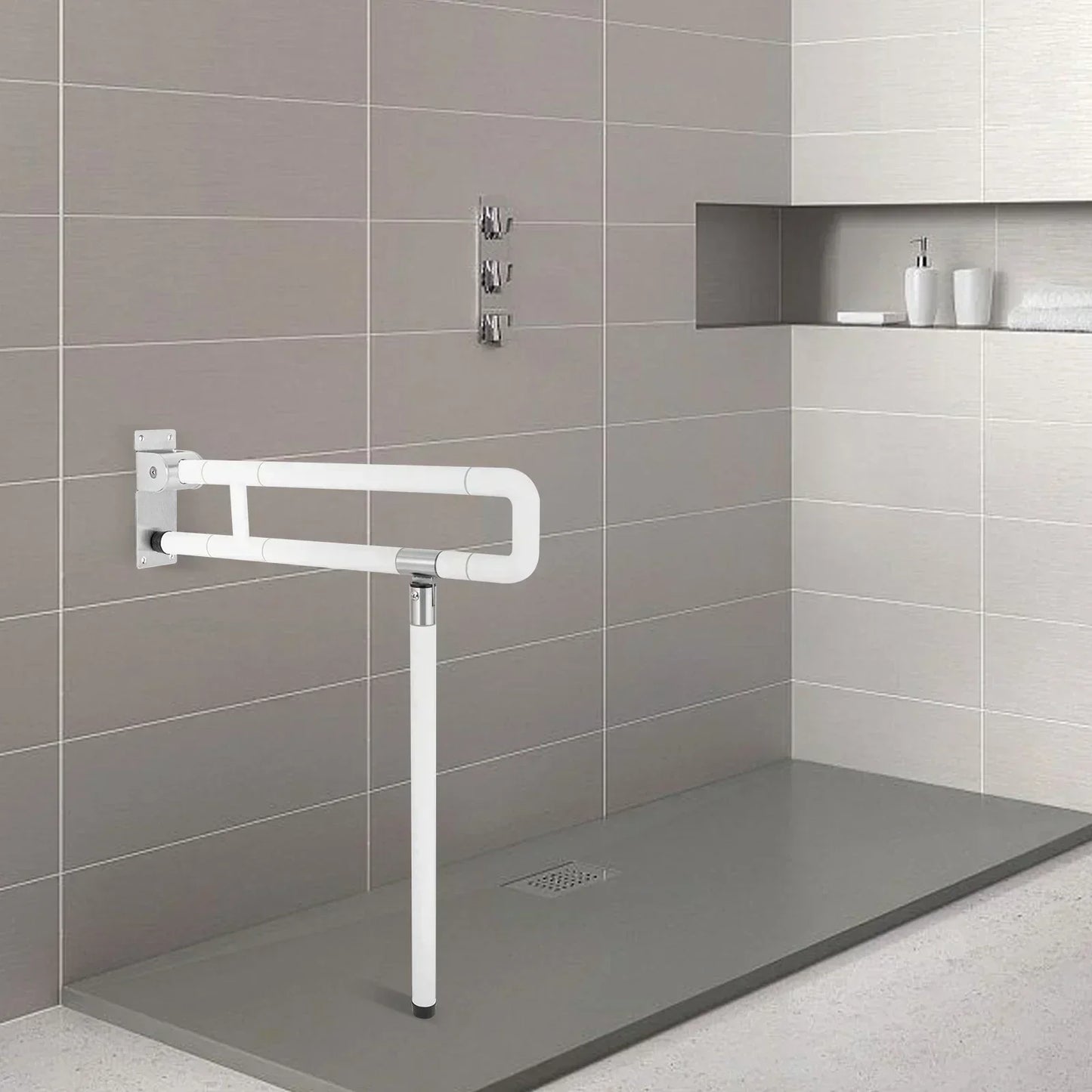 Foldable L-Shaped Toilet Support Rail with ABS-Stainless Steel 100kg Load Capacity Elderly Safety Aid (White, 70cm Height)