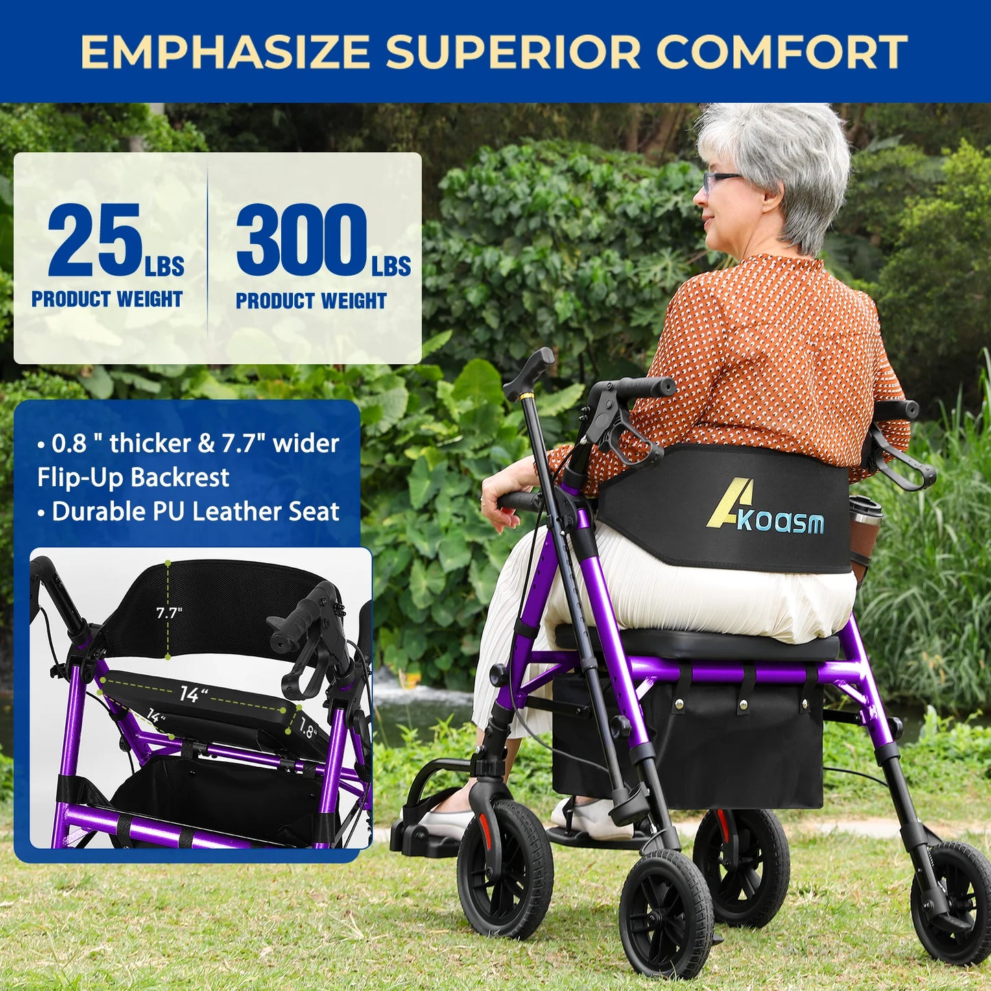 Lightweight 2 in 1 Rolling Walkers Wheelchair Combo for Adult, Transport Chair with Brakes, Adjustable Seat & Handle, 300lbs