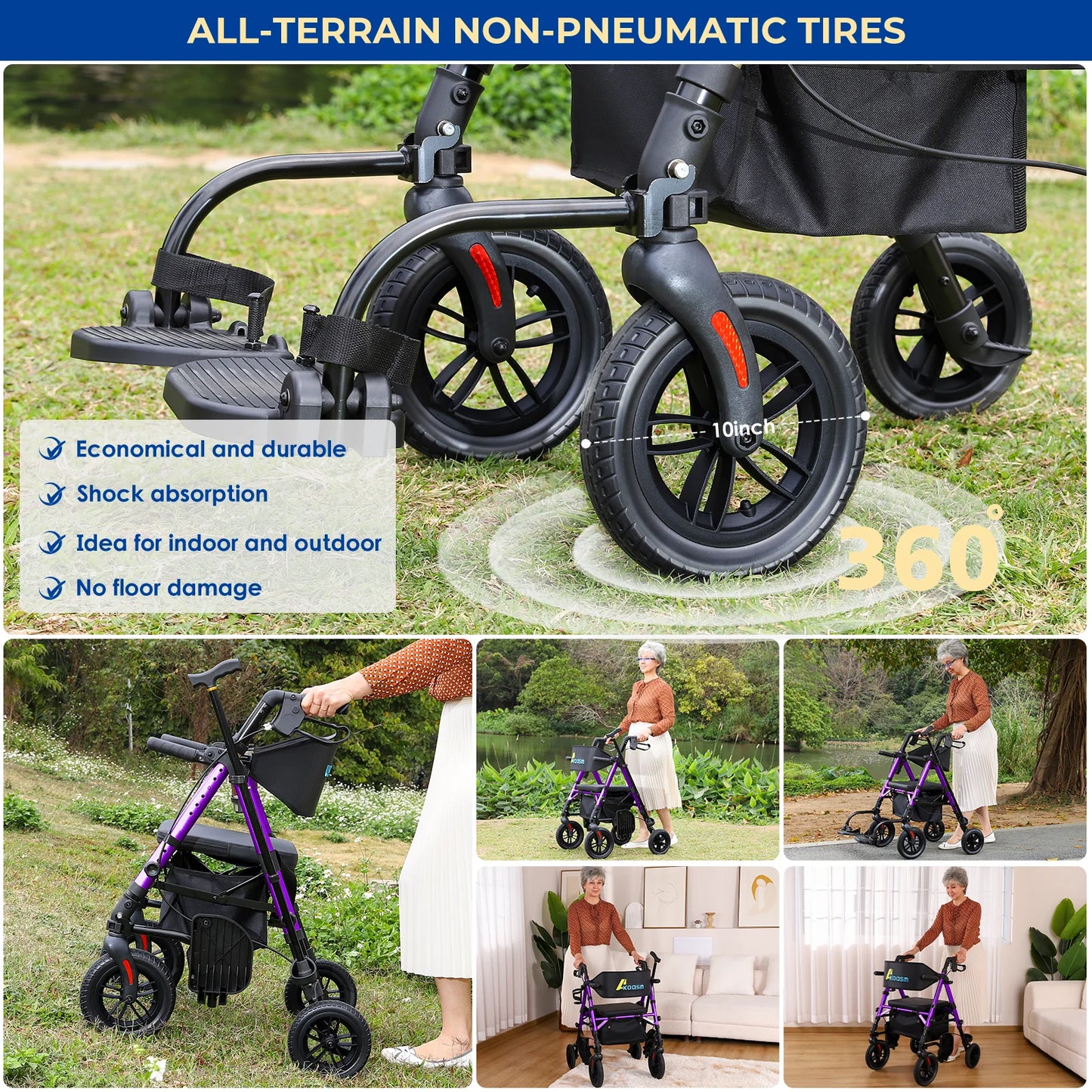 Lightweight 2 in 1 Rolling Walkers Wheelchair Combo for Adult, Transport Chair with Brakes, Adjustable Seat & Handle, 300lbs