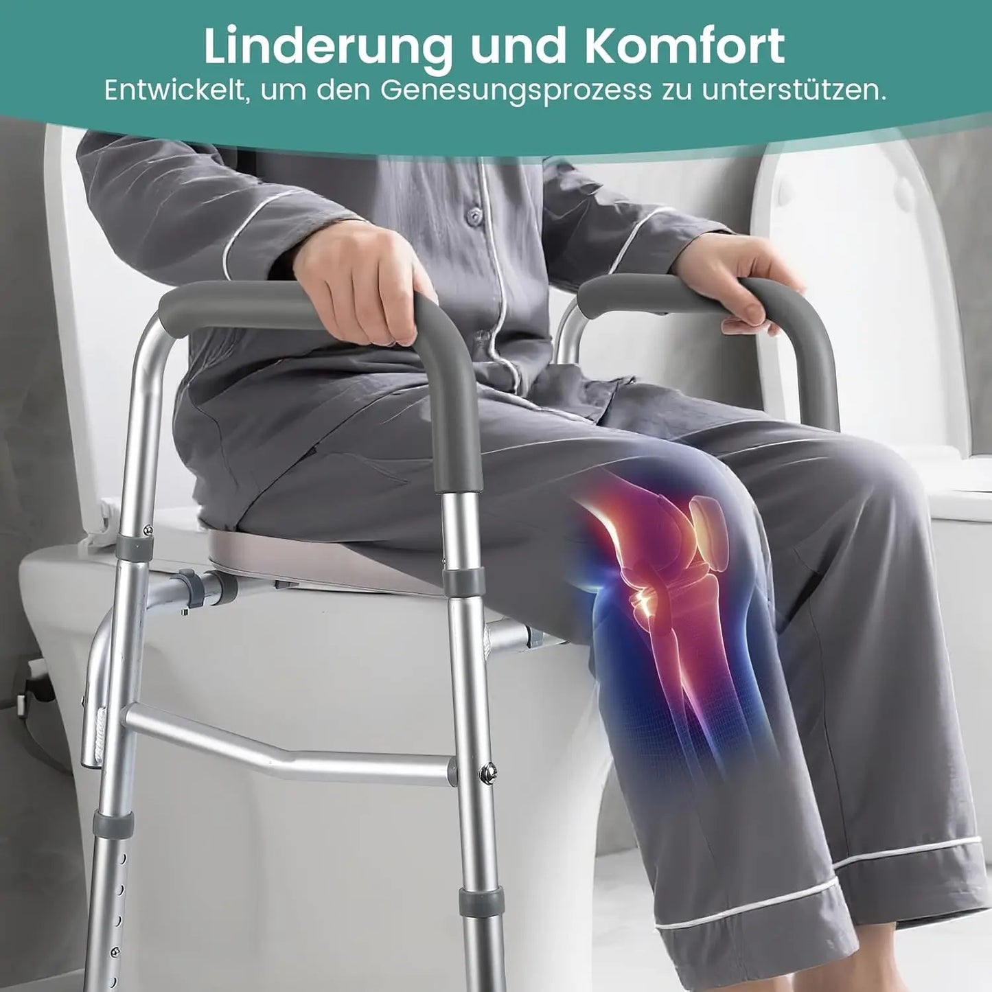 Raised Toilet Seat With Stand-Alone Frame Padded For Seniors