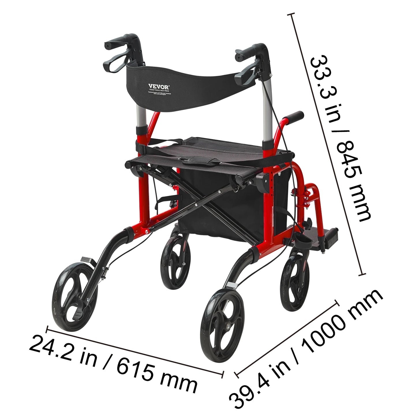 VEVOR 2-In-1 Rollator Walker and Transport Chair for Seniors