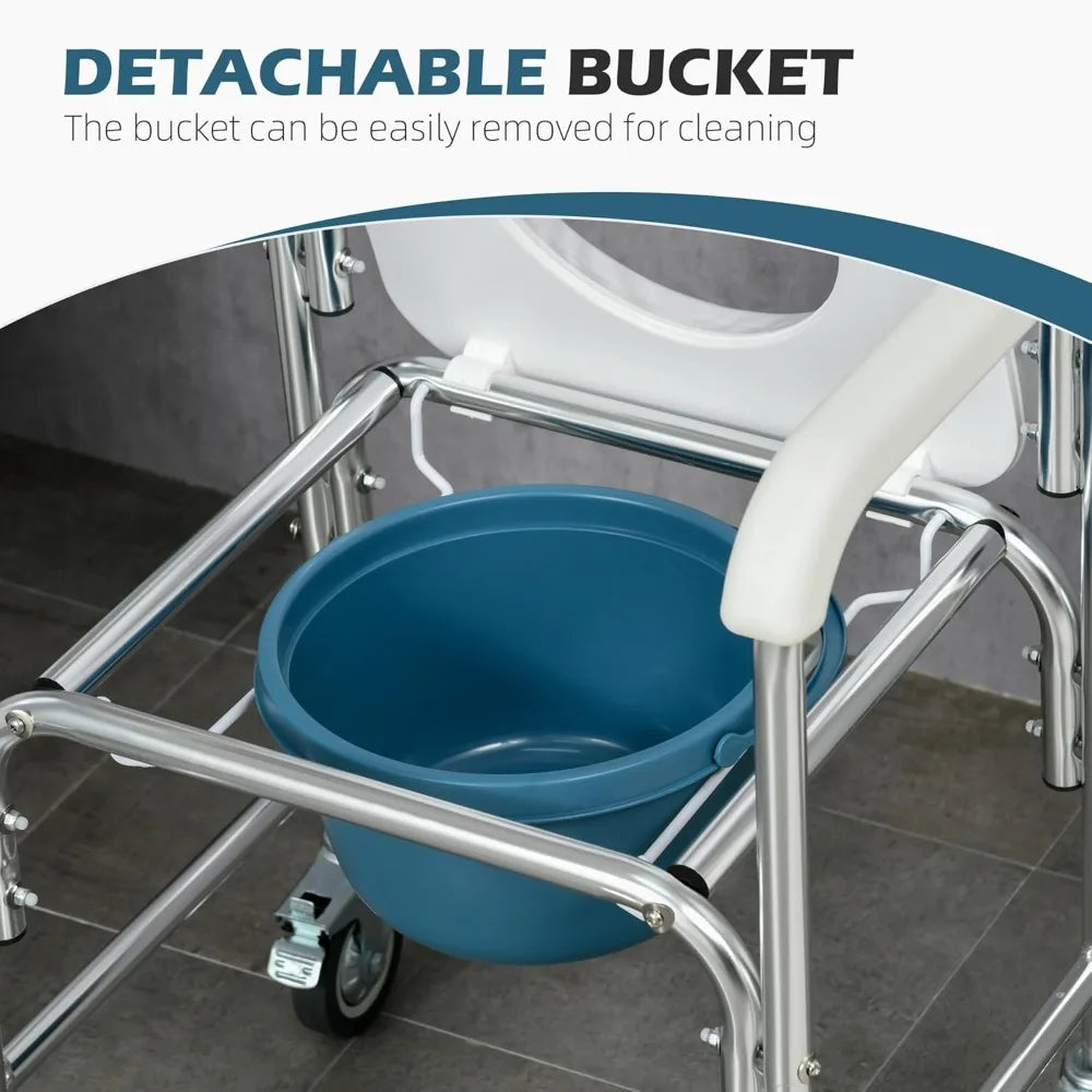 HOMCOM 3-in-1 Shower Commode Wheelchair, Transport Beside Commode Chair, Waterproof Rolling Over Toilet Chair 330 lbs. Weight Ca