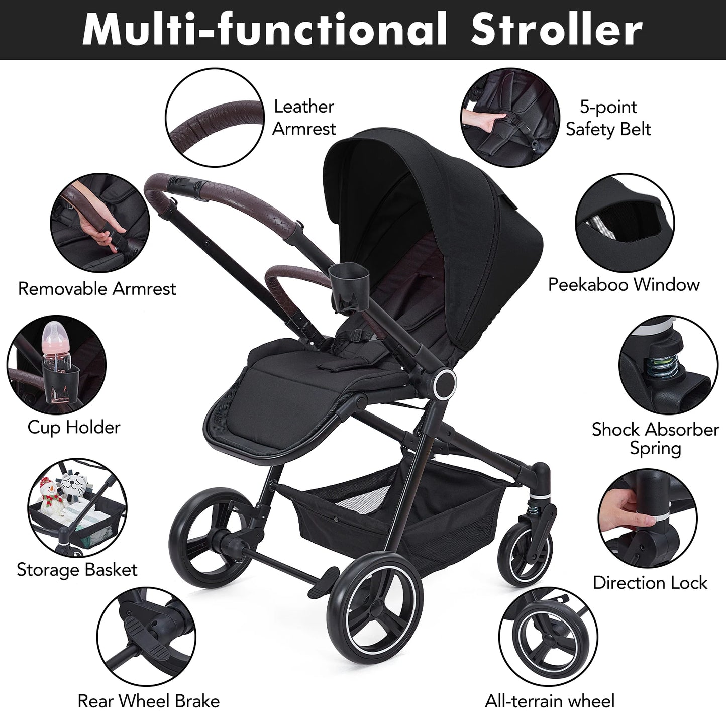 Stroller Convertible Baby Pram with Reversible Seat and One-Hand Fold, High Landscape Toddler Infant Pushchair Adjustable