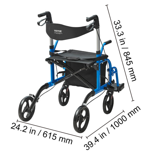 VEVOR 2-In-1 Rollator Walker and Transport Chair for Seniors