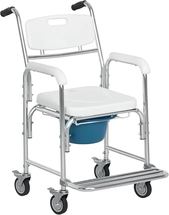 HOMCOM 3-in-1 Shower Commode Wheelchair, Transport Beside Commode Chair, Waterproof Rolling Over Toilet Chair 330 lbs. Weight Ca