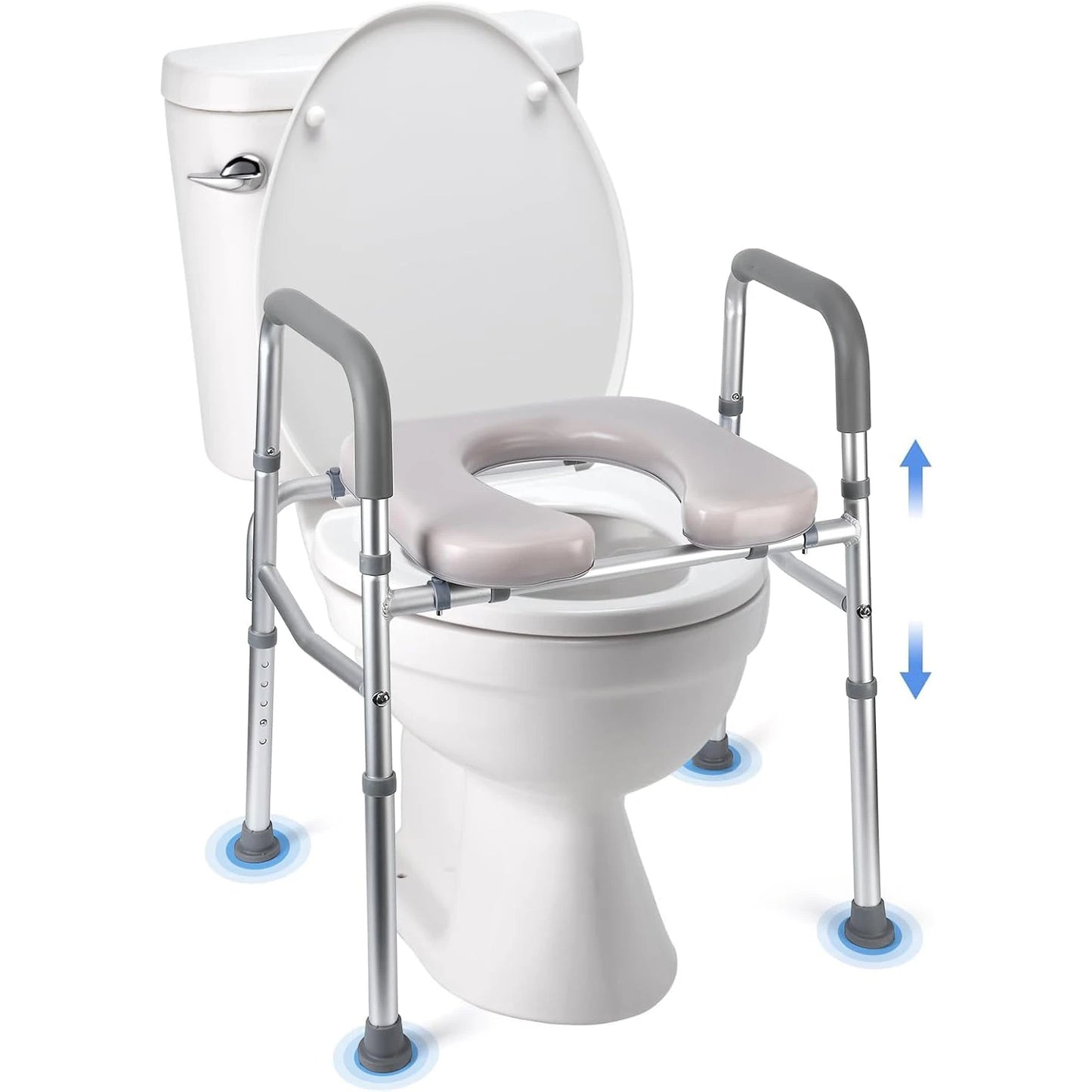 Raised Toilet Seat With Stand-Alone Frame Padded For Seniors