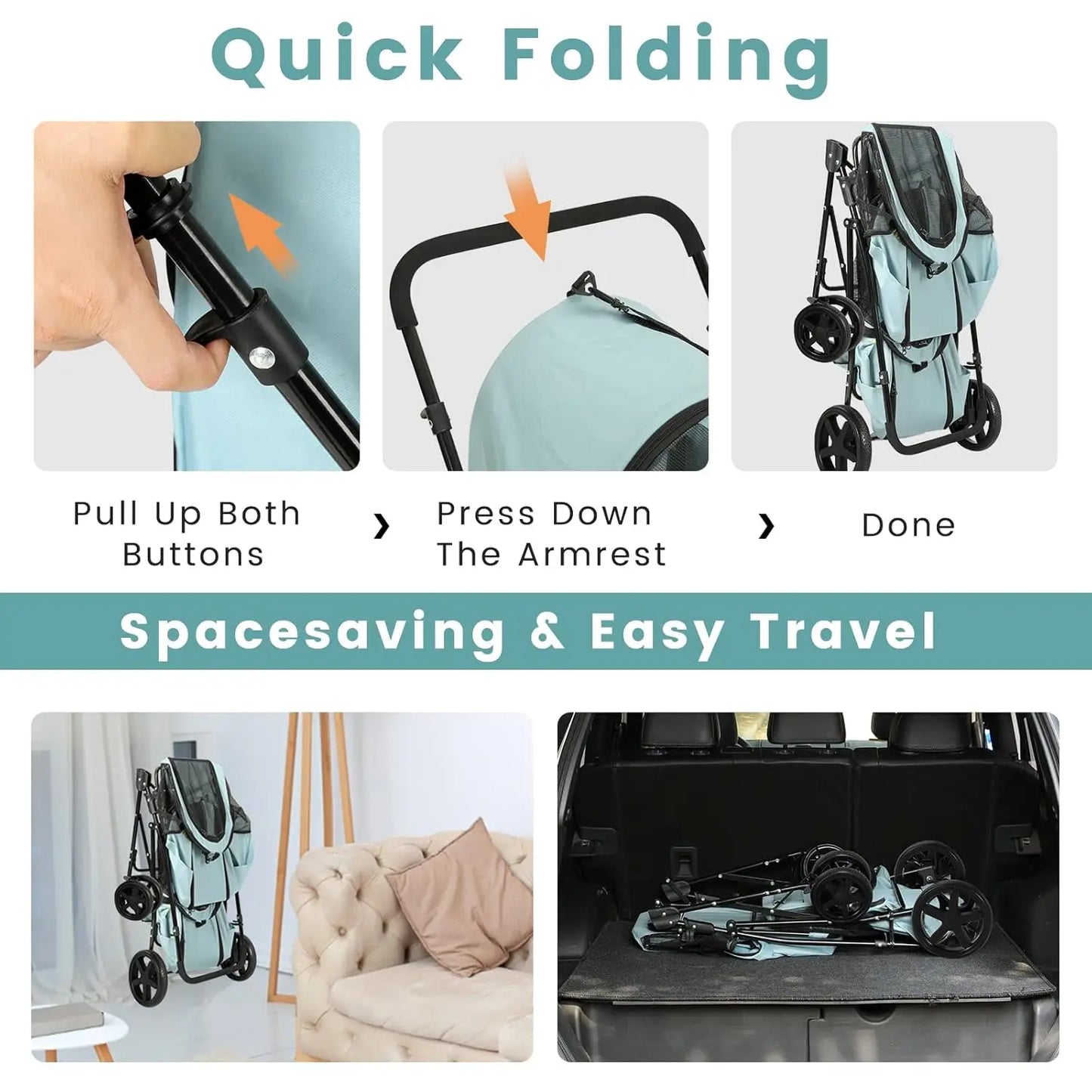 4-in-1 Double Pet Stroller for Dogs and Cats, 2 Detachable Carriers, 4 Lockable Wheels Cat Strollers for 2 Cats, Collapsible