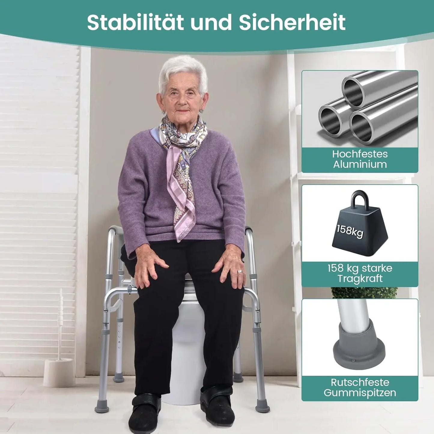 Raised Toilet Seat With Stand-Alone Frame Padded For Seniors