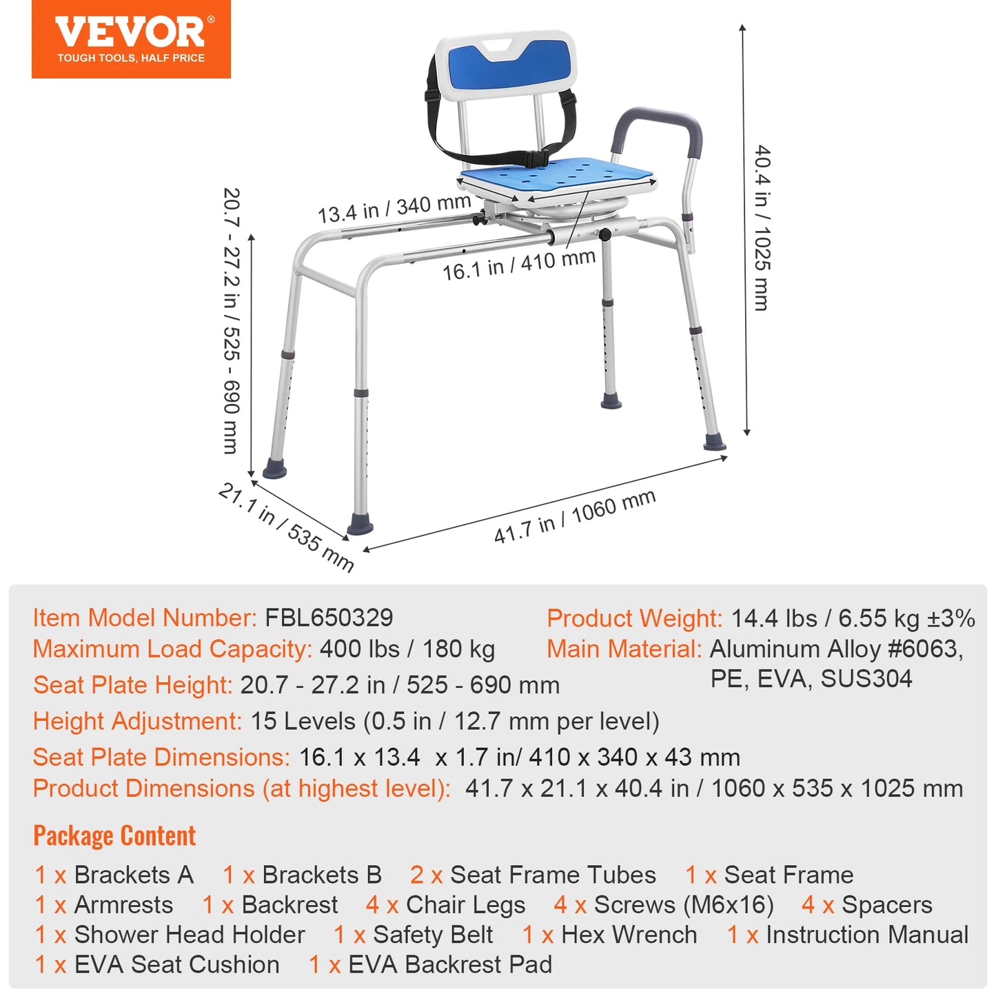 SucceBuy Sliding Tub Transfer Bench 360 Degree Swivel Seat