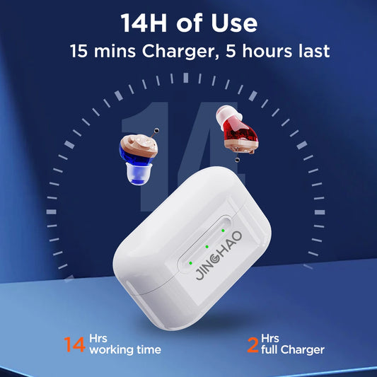 JINGHAO One Pair Rechargerable Hearing Aids Digital In Ear Small Sound Voice Amplifier Enhancer with Charger Case