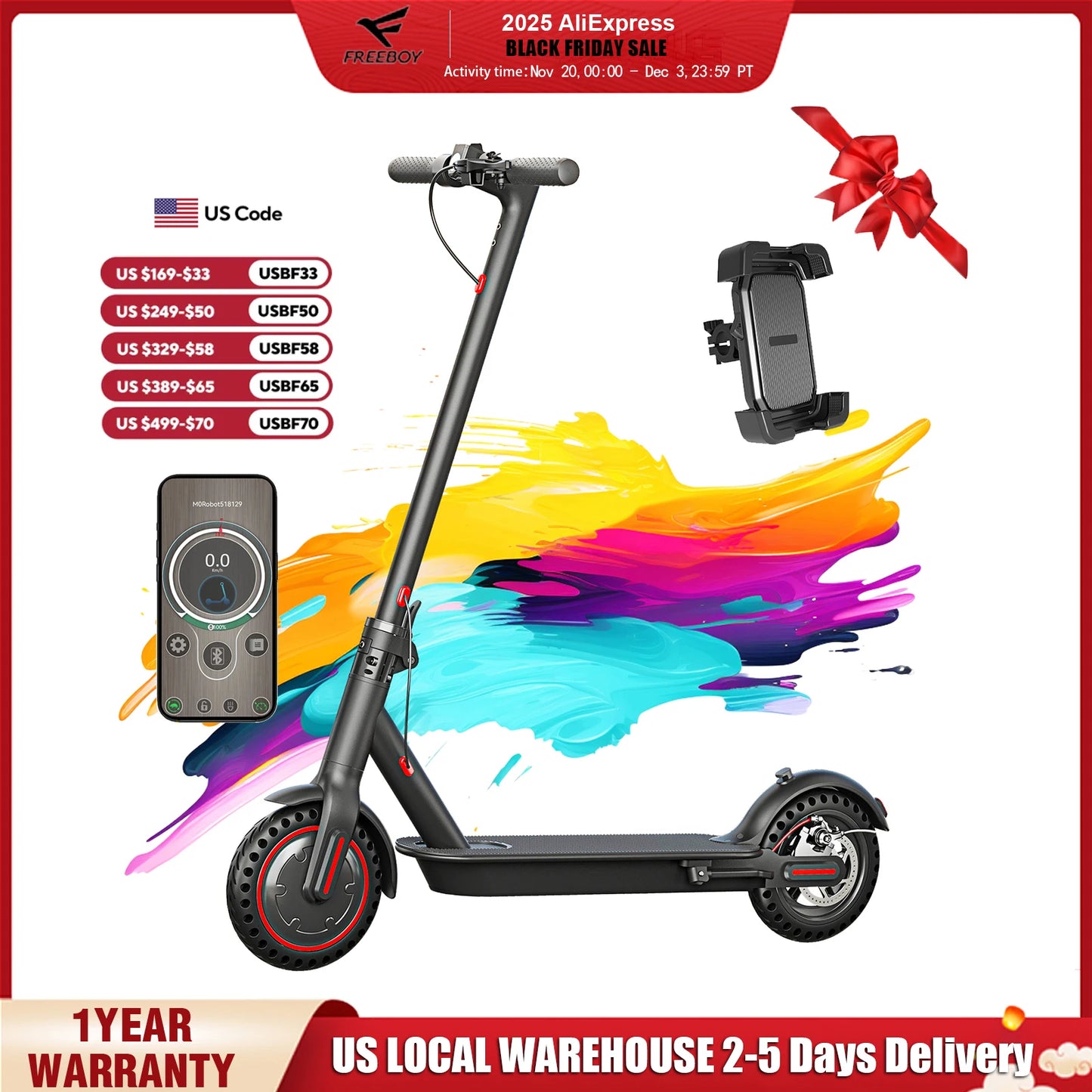 Freeboy 350W Folding Electric Scooter With Phone Holder For Adults