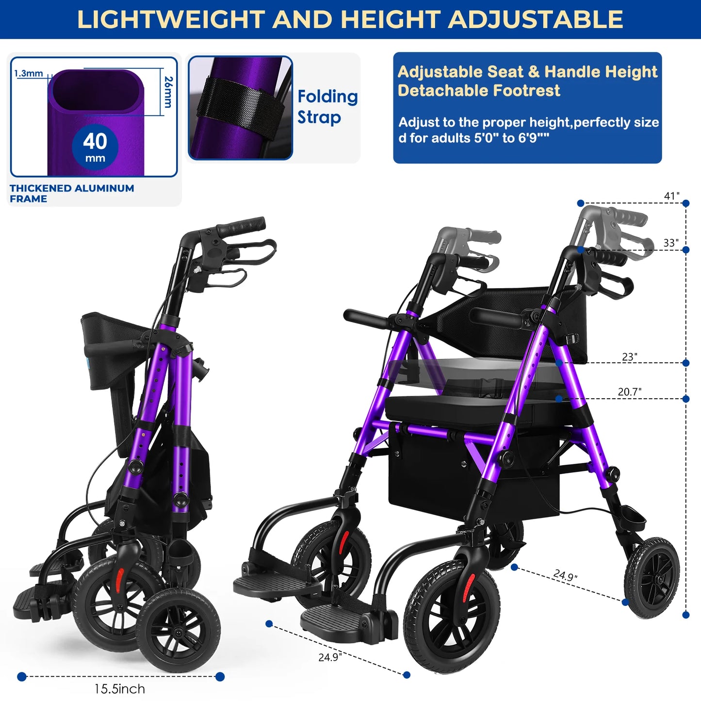 Lightweight 2 in 1 Rolling Walkers Wheelchair Combo for Adult, Transport Chair with Brakes, Adjustable Seat & Handle, 300lbs