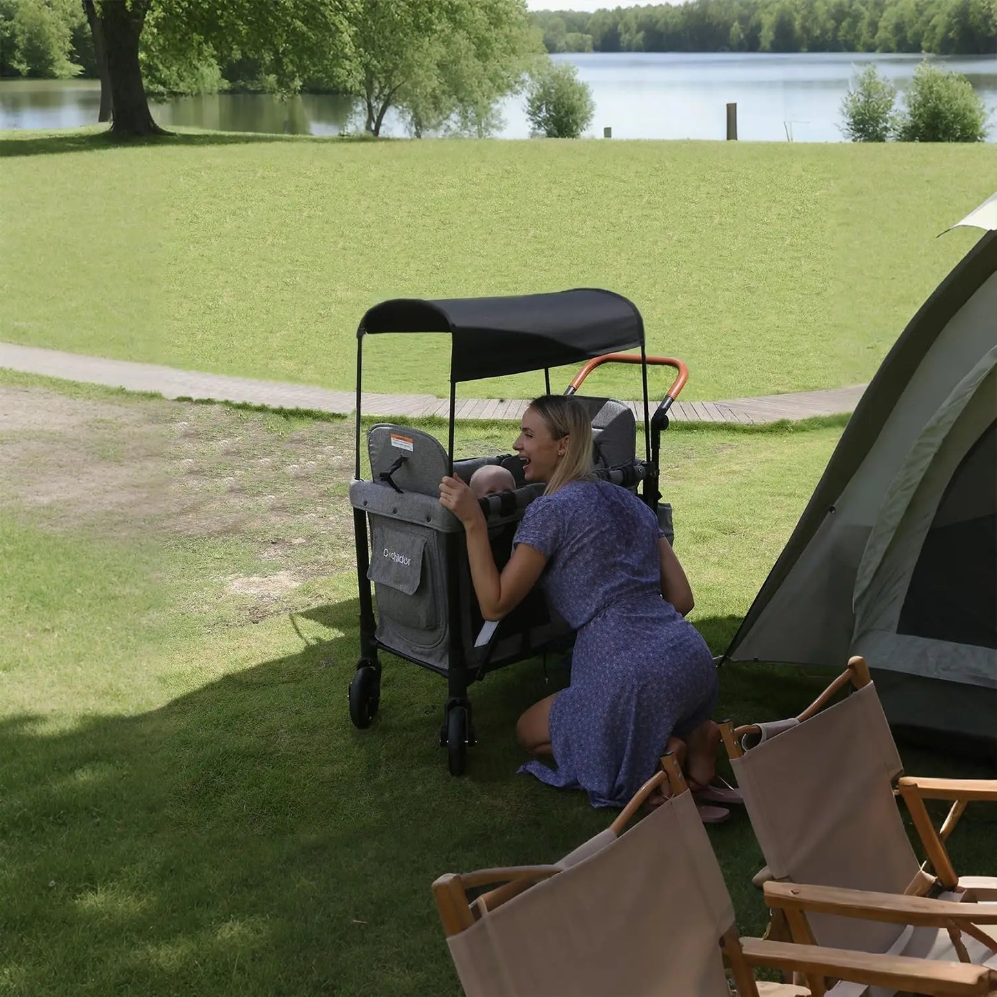 Foldable two-seater baby stroller, outdoor camping vehicle, item storage vehicle, and detachable sunshade