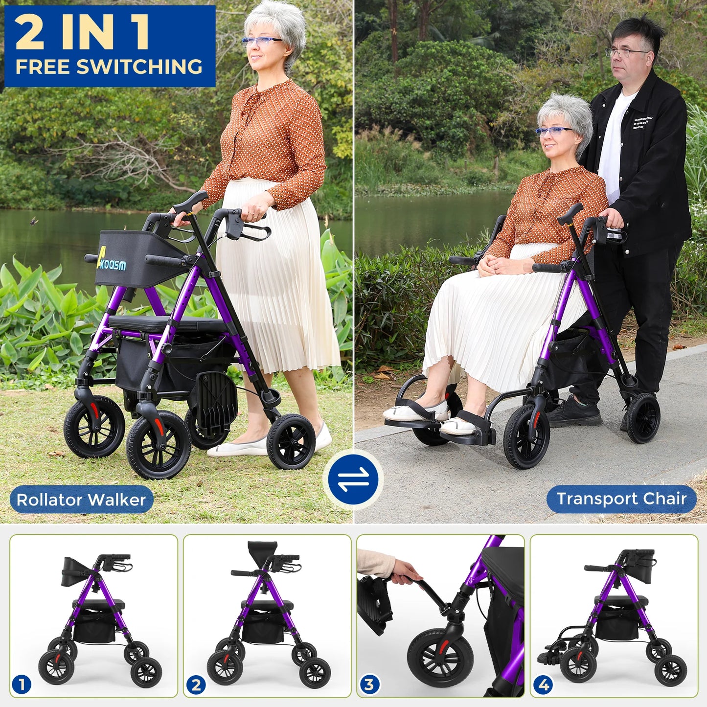 Lightweight 2 in 1 Rolling Walkers Wheelchair Combo for Adult, Transport Chair with Brakes, Adjustable Seat & Handle, 300lbs