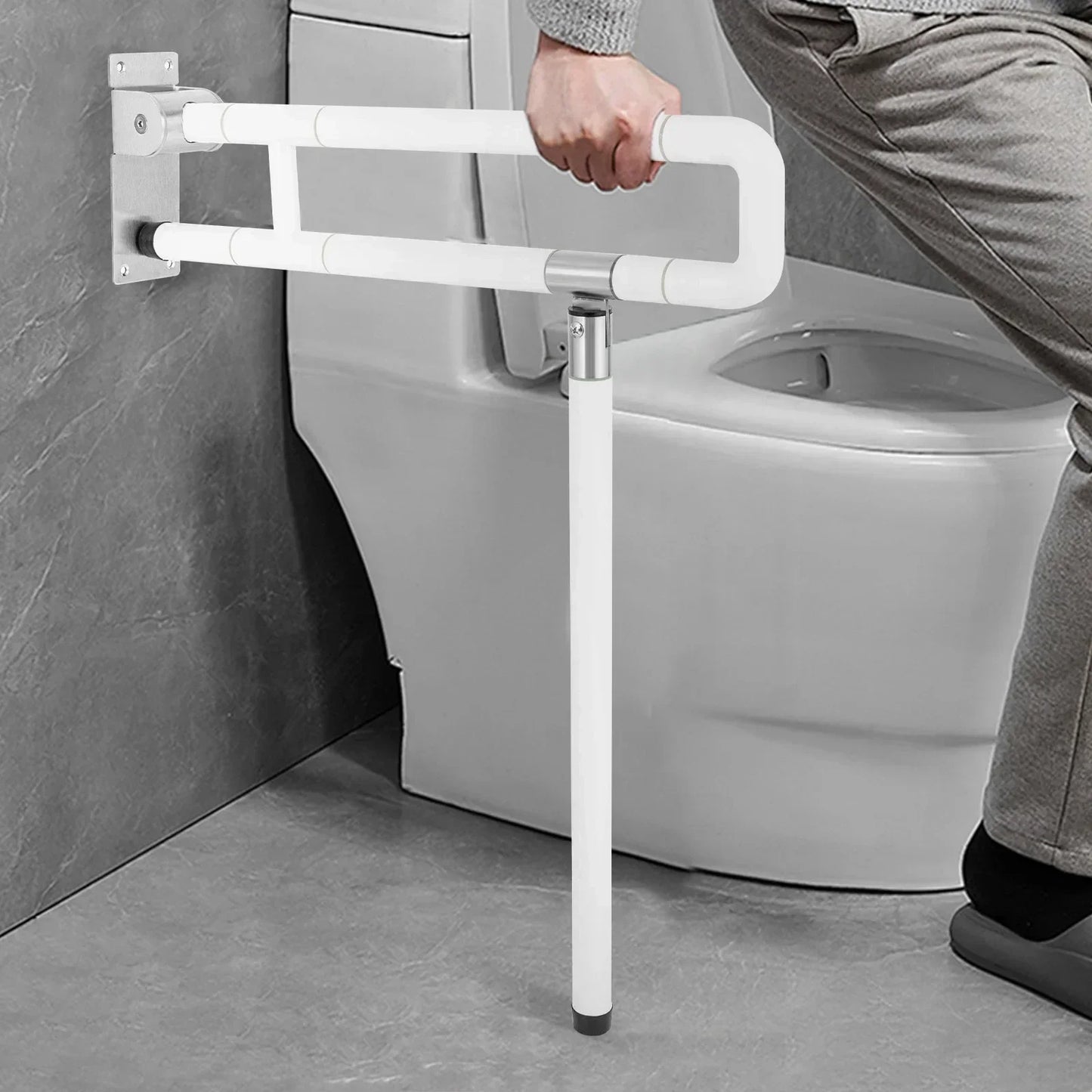 Foldable L-Shaped Toilet Support Rail with ABS-Stainless Steel 100kg Load Capacity Elderly Safety Aid (White, 70cm Height)