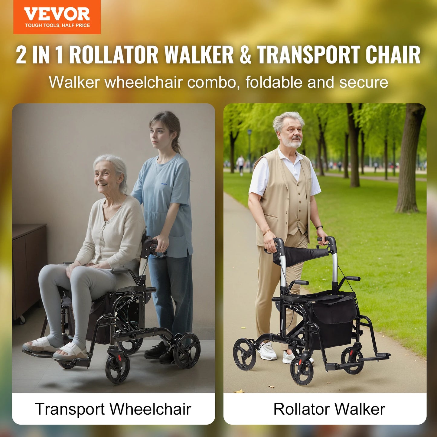 VEVOR 2-In-1 Rollator Walker and Transport Chair for Seniors