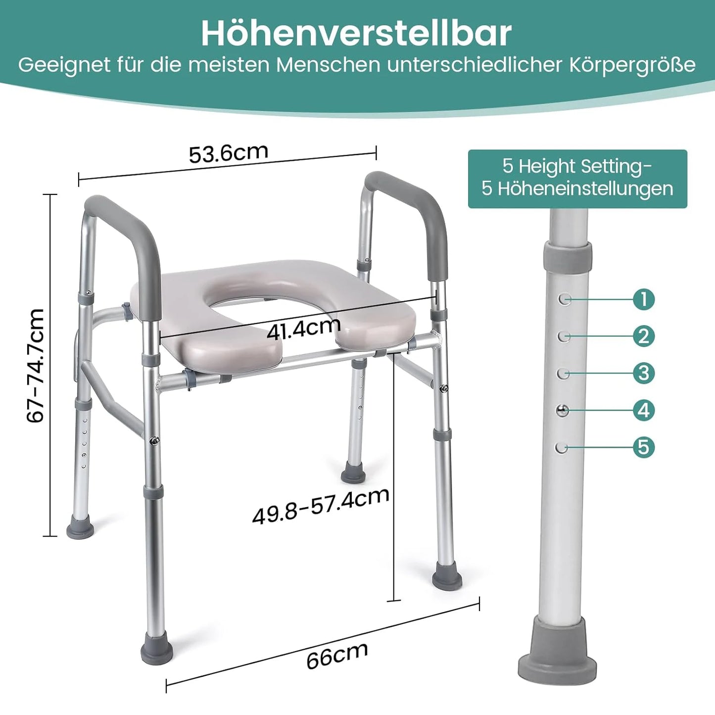 Raised Toilet Seat With Stand-Alone Frame Padded For Seniors