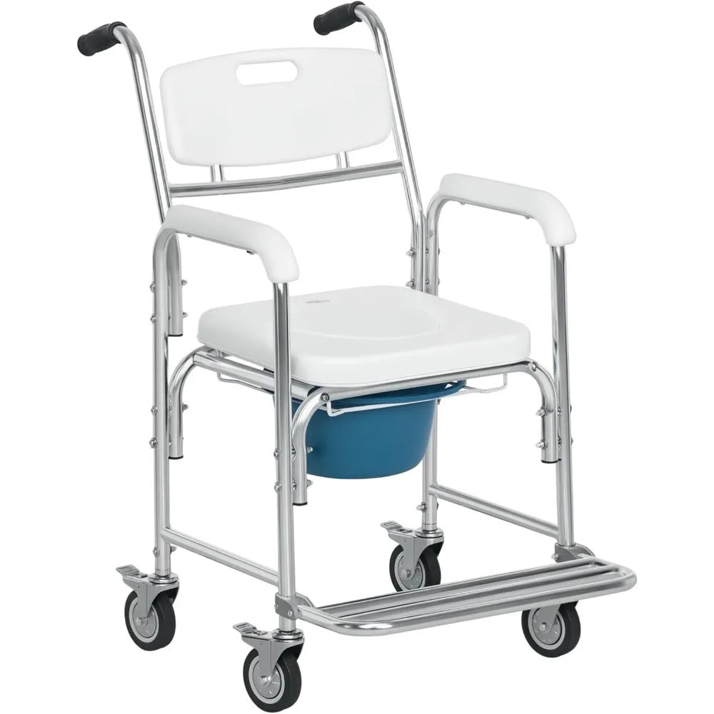 HOMCOM 3-in-1 Shower Commode Wheelchair, Transport Beside Commode Chair, Waterproof Rolling Over Toilet Chair 330 lbs. Weight Ca