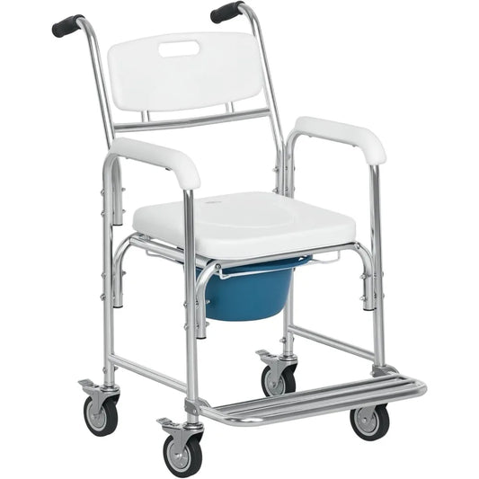 HOMCOM 3-in-1 Shower Commode Wheelchair, Transport Beside Commode Chair, Waterproof Rolling Over Toilet Chair 330 lbs. Weight Ca