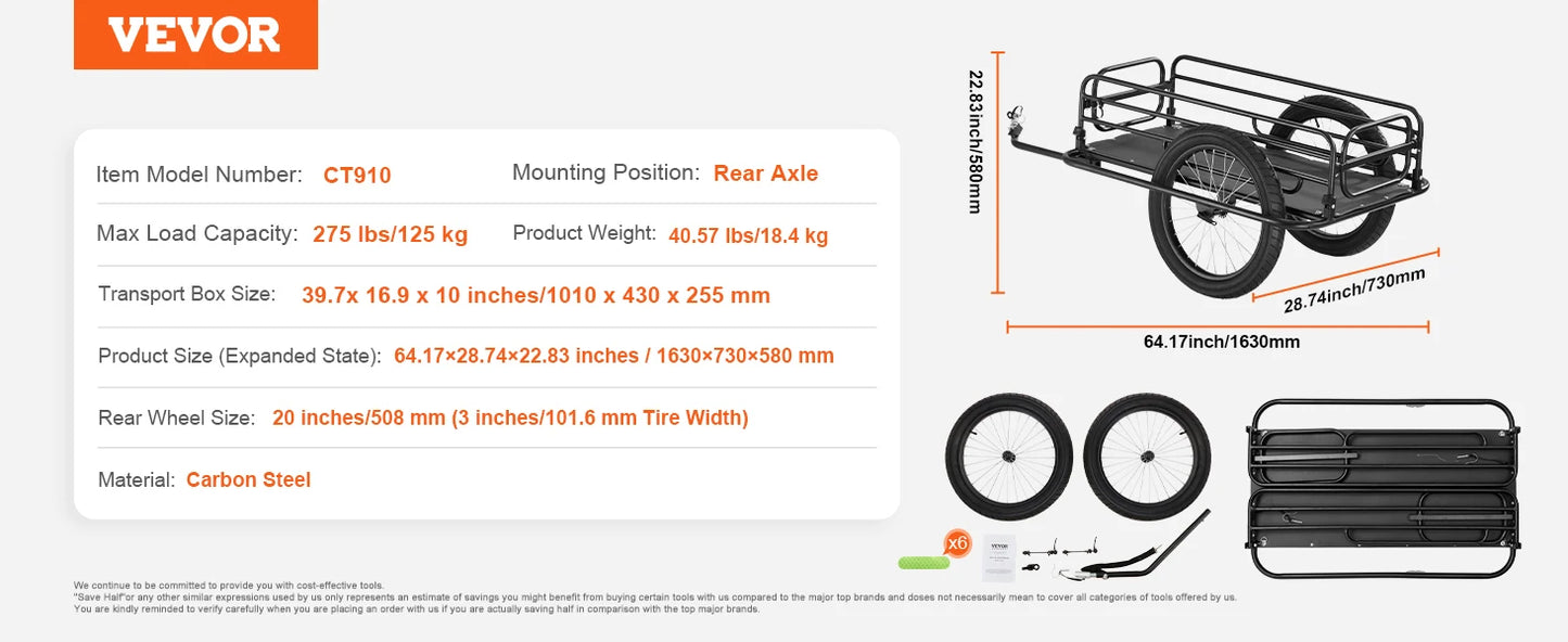 SucceBuy 275 lbs Bike Cargo Trailer Bicycle Wagon Cart Foldable Compact Storage with Universal Hitch 20" Wheels fits Most Bike