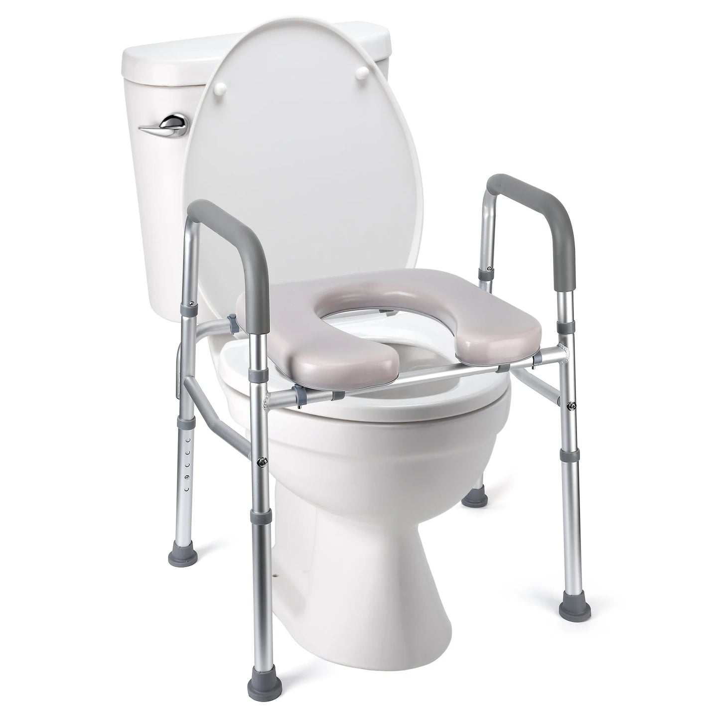 Raised Toilet Seat, 350LB Homecare Commode Bathroom Assist Frame for Elderly Handicapped Disabled Adjustable Height, Padded Seat