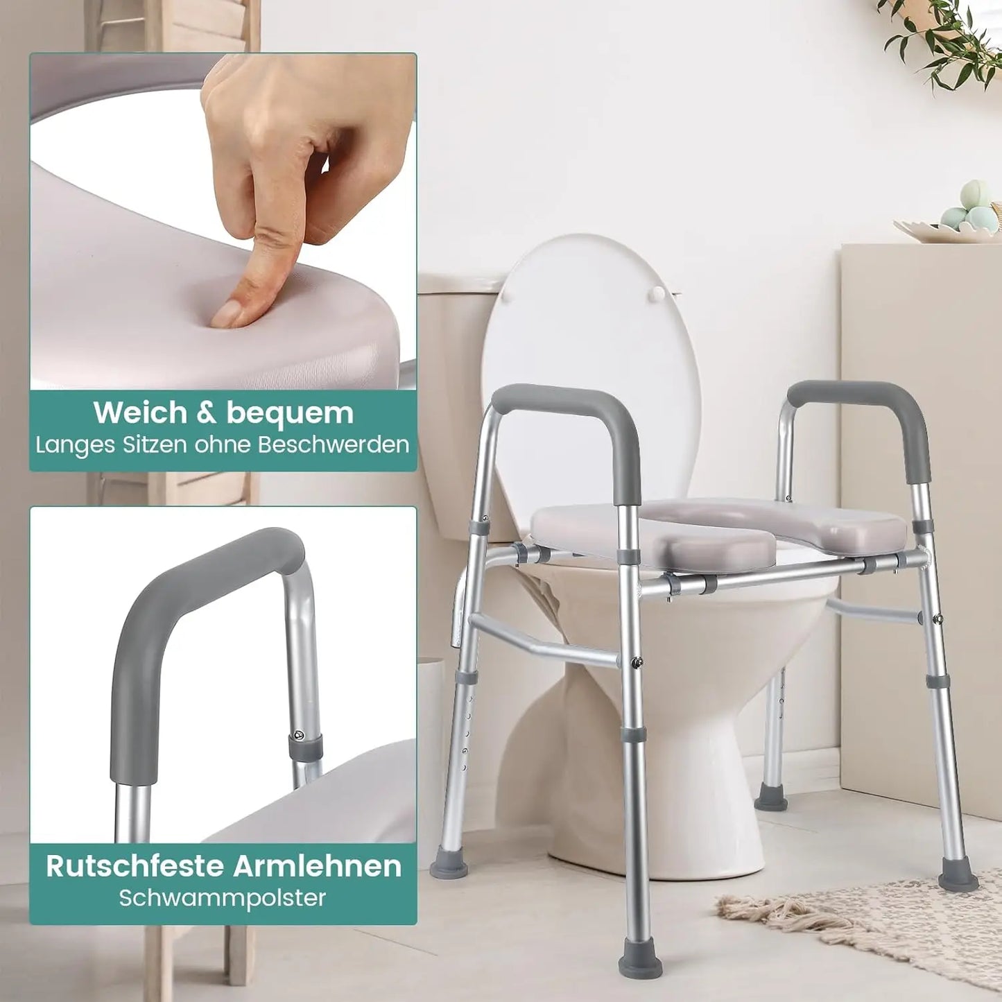 Raised Toilet Seat With Stand-Alone Frame Padded For Seniors