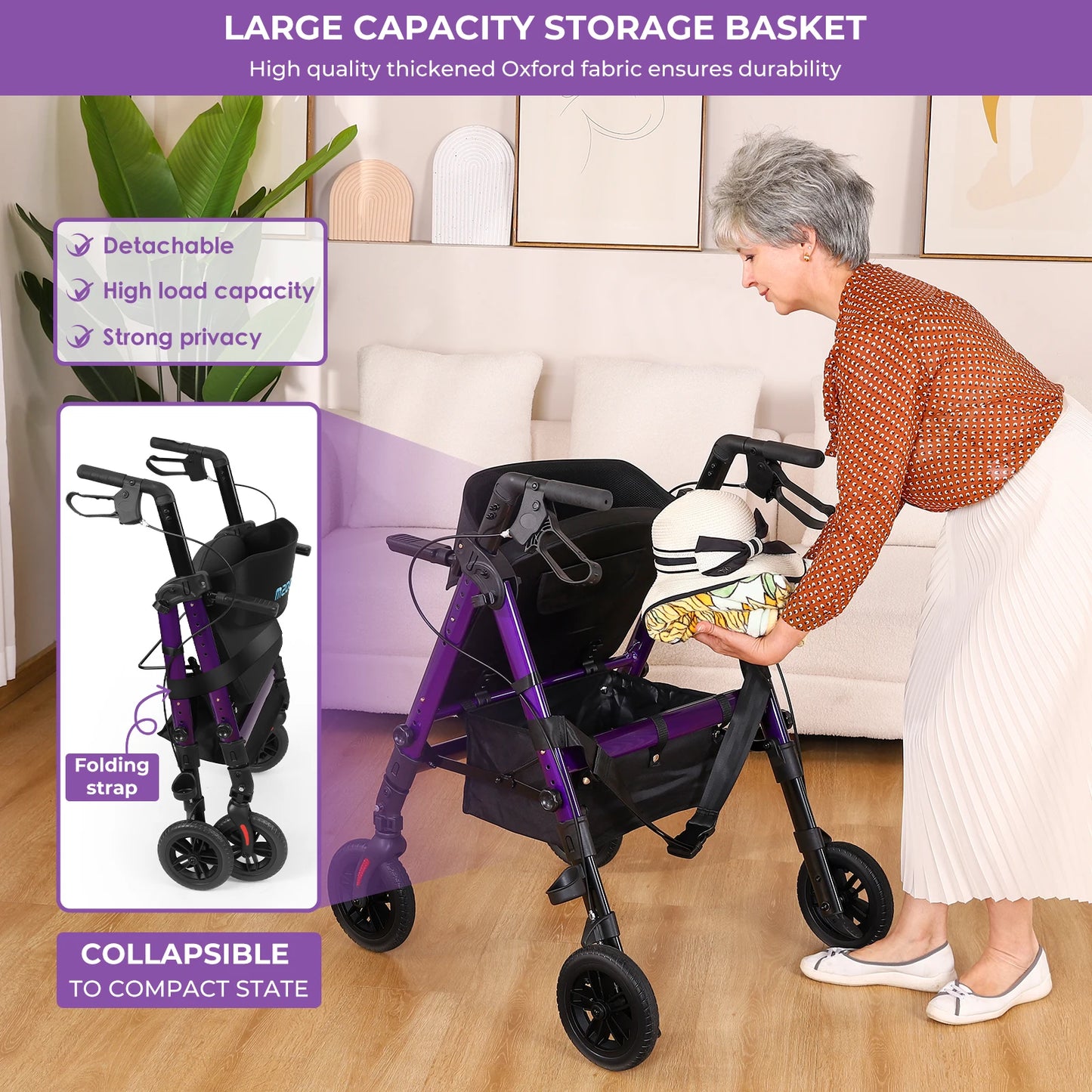 Heavy Duty Foldable Rollator Walker With Brake 450 Lb Capacity