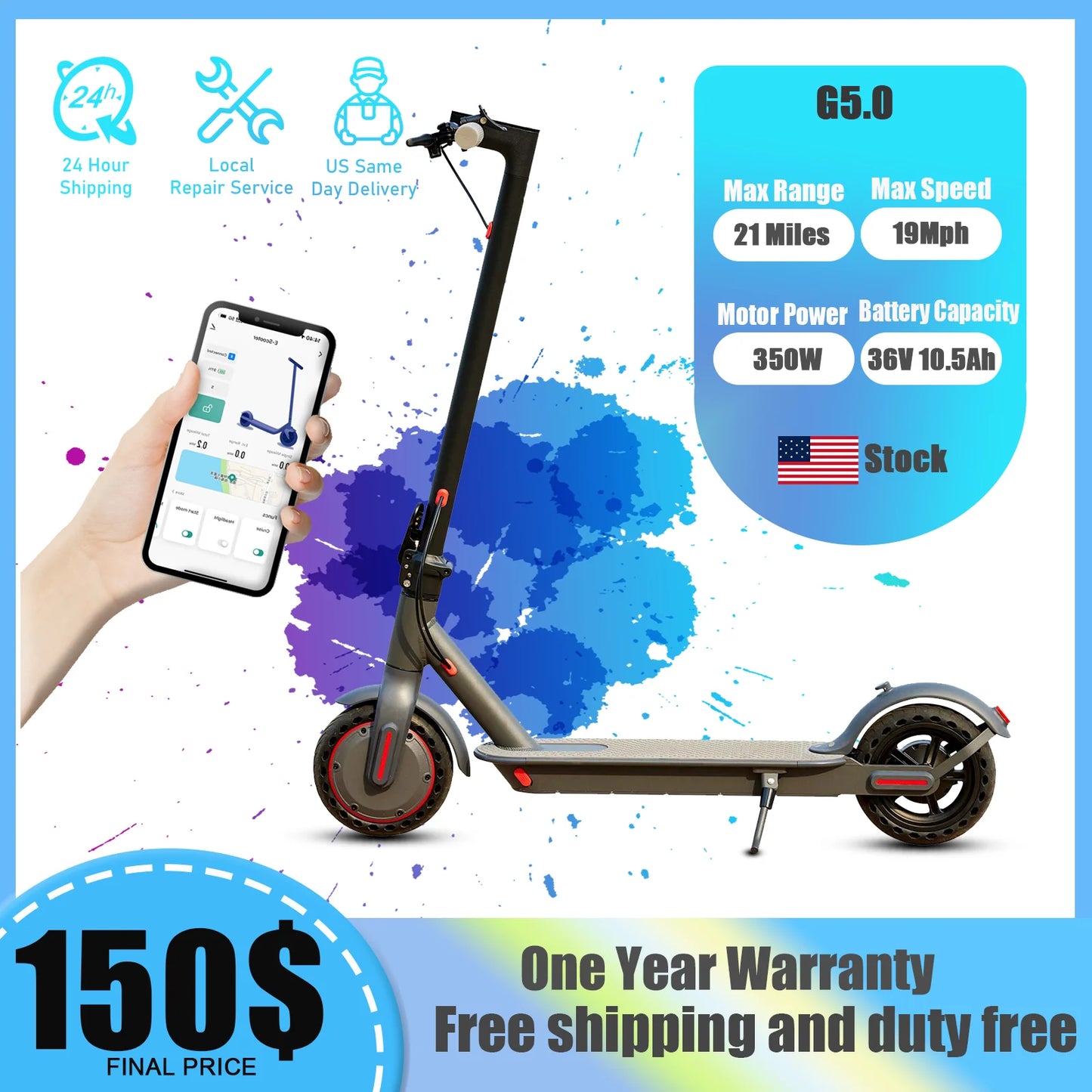 G5.0 Electric Scooter 36V 21 Mile Range Foldable Compact
