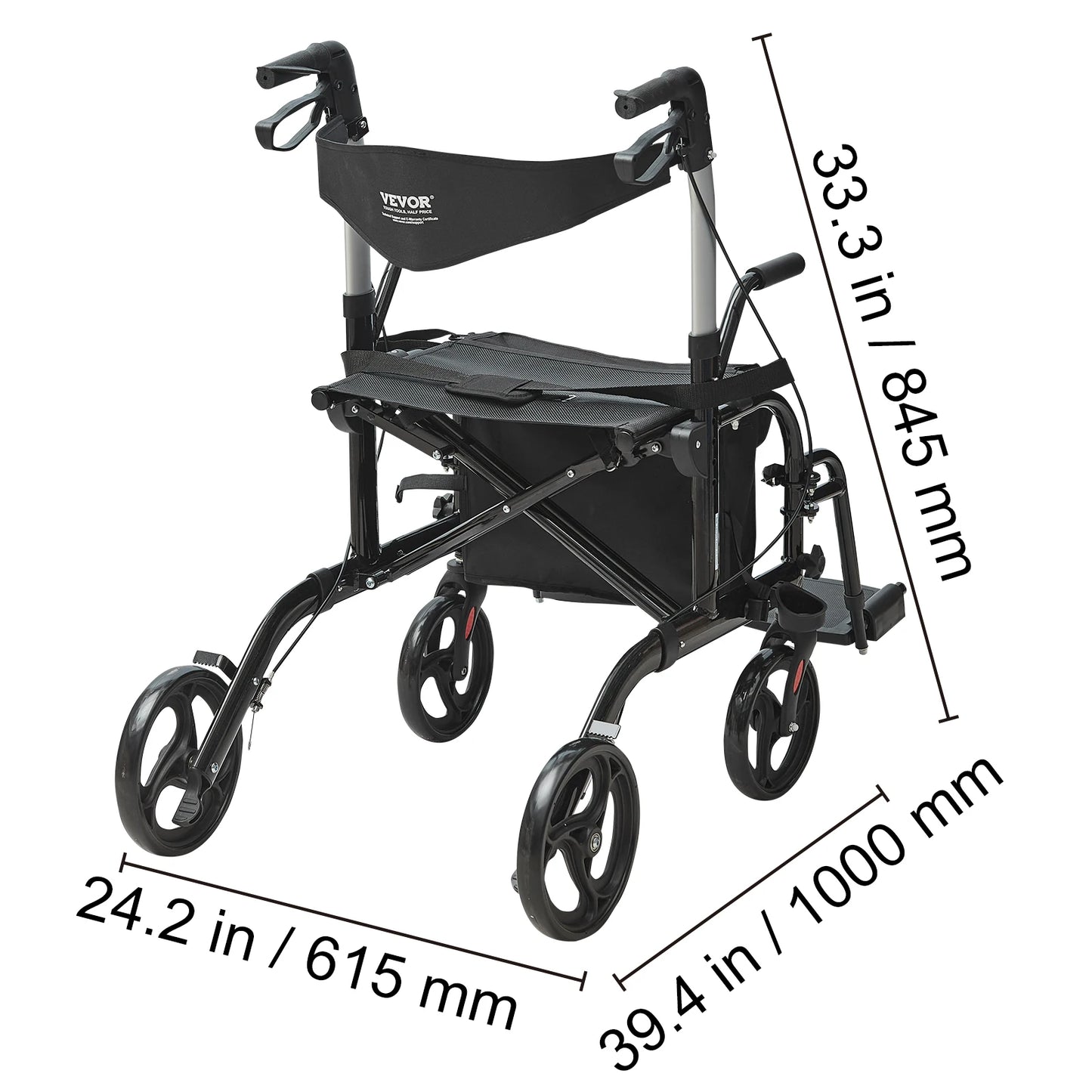 VEVOR 2-In-1 Rollator Walker and Transport Chair for Seniors