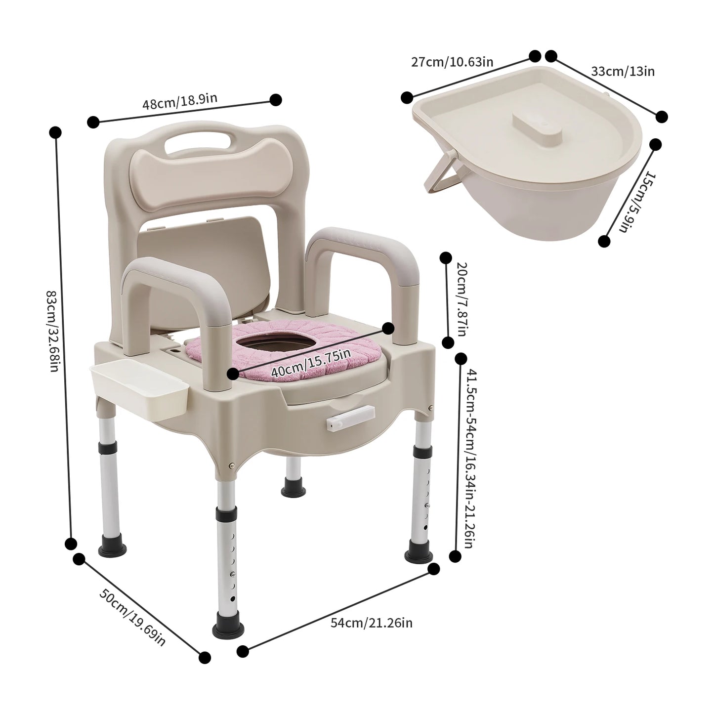 Bymaocar Adjustable Portable Bedside Commode Chair for Elderly and Disabled