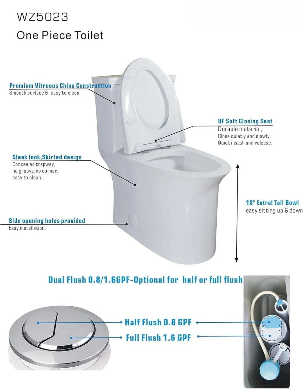 Tall ADA Compliant One-Piece Toilet With Dual Flush
